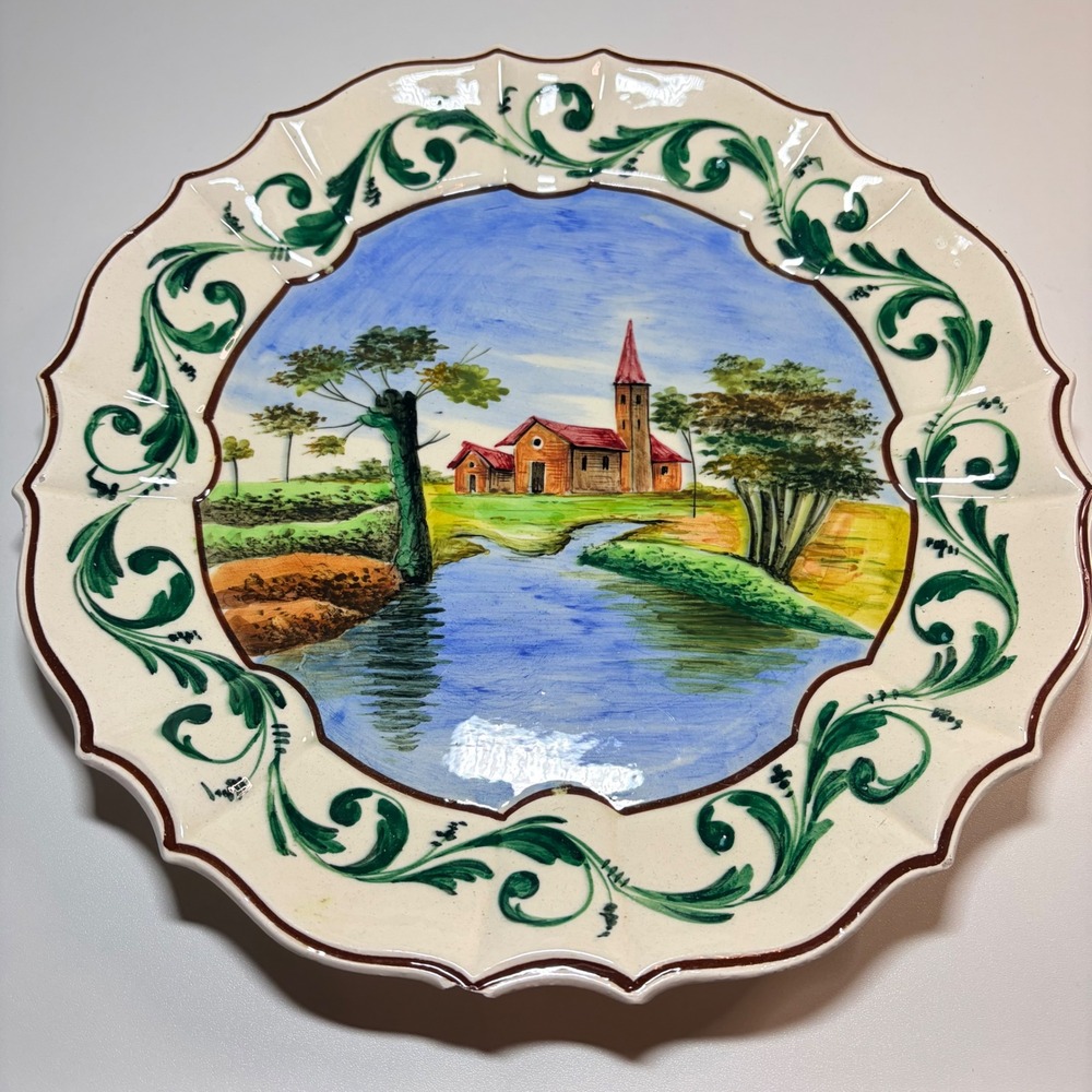 Vintage Hand Painted Italy Ceramic Wall Plate Scalloped Landscape Church 13"